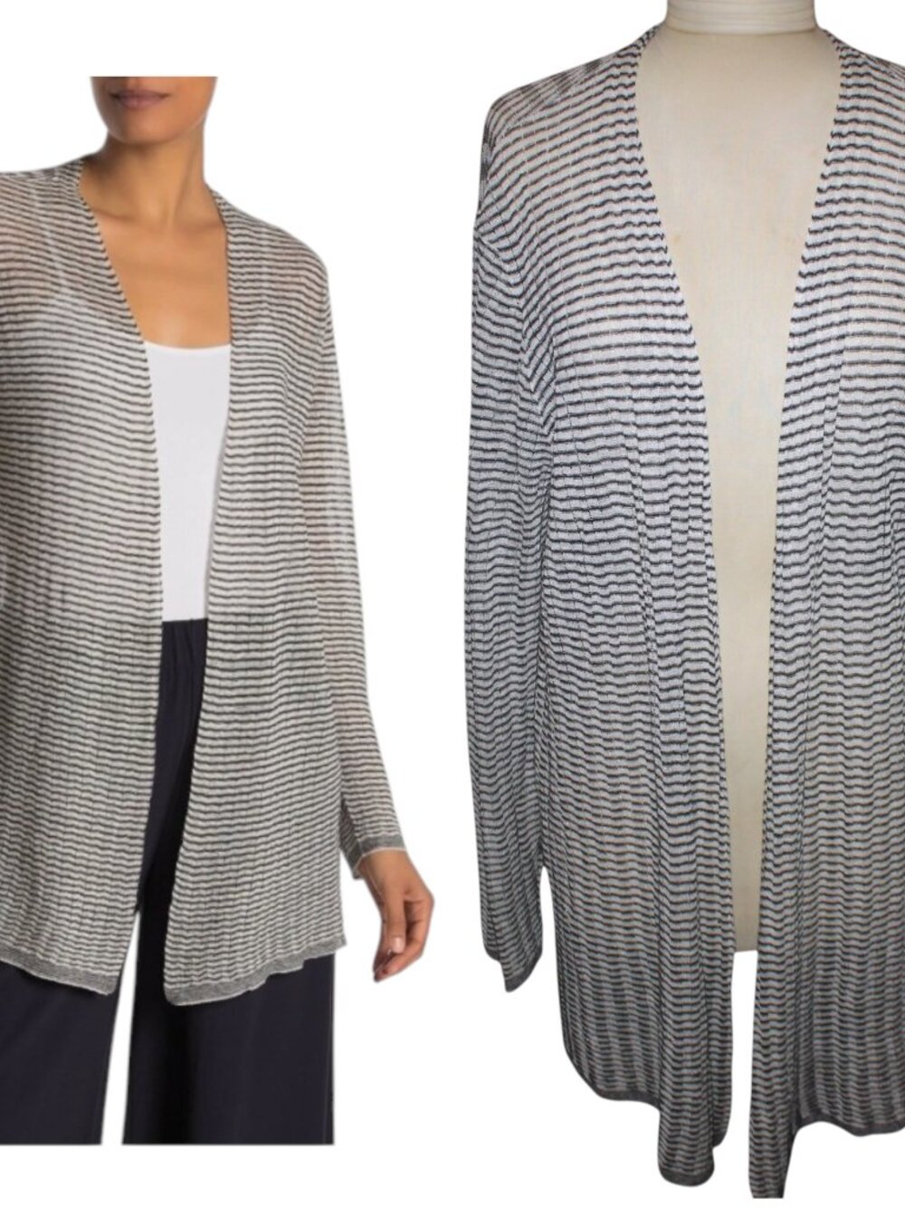 EILEEN FISHER Fine Organic Linen Crepe Knit Striped Open Cardigan XL Minimalist